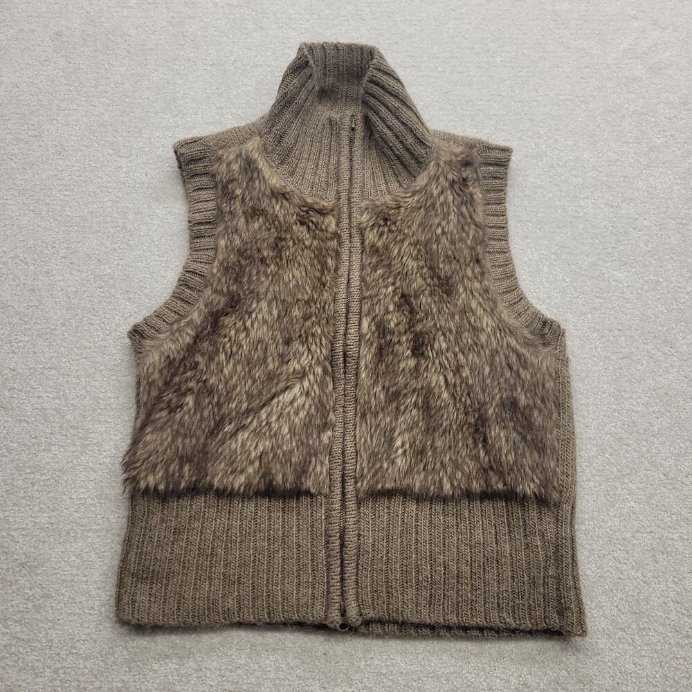 Cabi Faux Fur Knit Vest Women's Large Brown Zip Up Sleeveless Boho